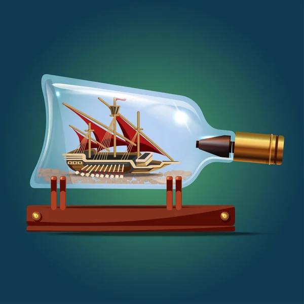 Galeon Schip met rode zeilen in een fles.Zeilboten. Miniatuurmodellen van zeeschepen. Hobby en zee thema.Vector illustratie — Stockvector