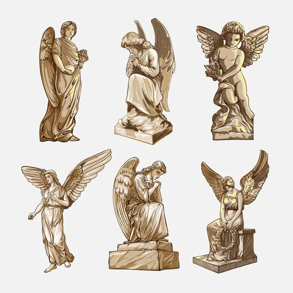翼を持つ天使の彫刻を泣いてオフに設定します 天使の彫像のモノクロームのイラスト 隔離されてる ベクターイラスト — ストックベクタ