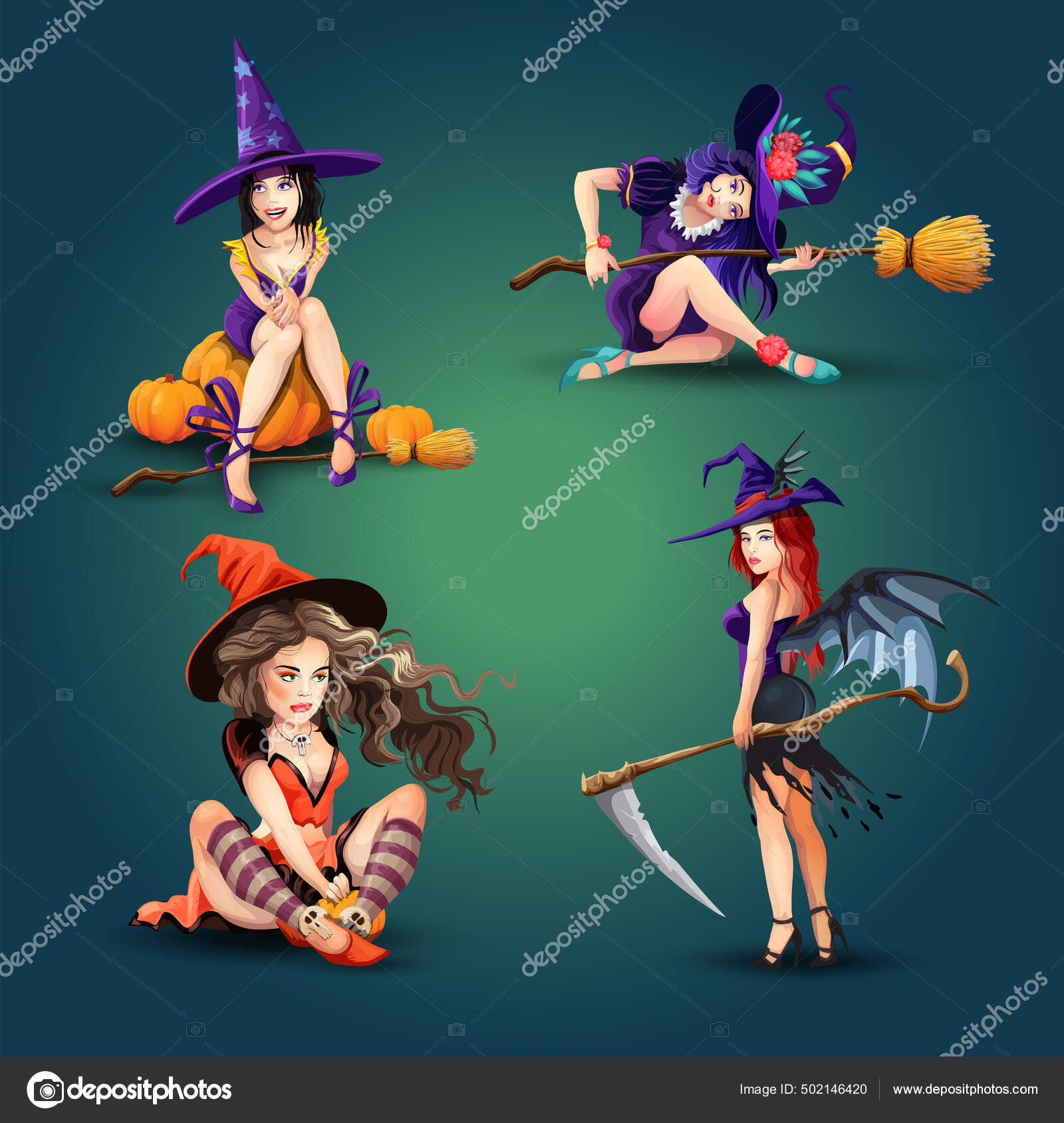 Halloween Coloring Set With Beautiful Witch Girls In Costumes Mystic  Animals And Scary Objects Stock Illustration - Download Image Now - iStock