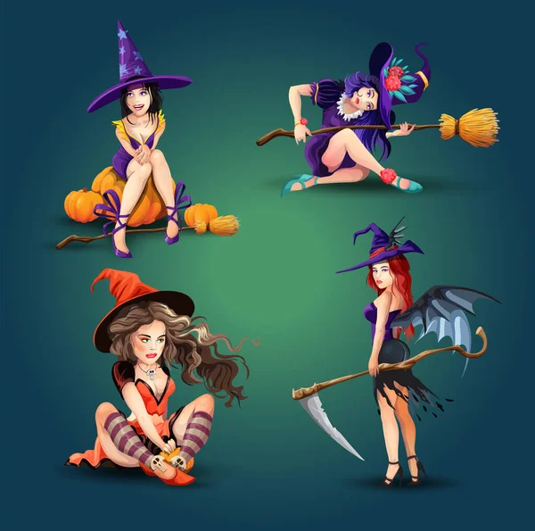 Zestaw Halloween z pięknymi czarownicami. Kolekcja różnych uroczych pięknych czarownic. Dziewczyna siedzi, odpoczywa, myśli, uśmiecha się. Ilustracja wektora izolowane w stylu kreskówki — Wektor stockowy