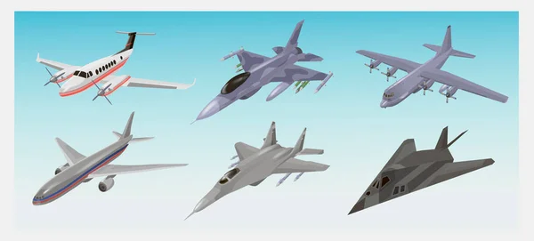 Aeronaves militares prontas. Avião de combate, F-117 Nighthawk, interceptor, avião de carga, ilustrações vetoriais de bombardeiro isoladas. Máquina voadora do exército. Para conceitos de aviação militar — Vetor de Stock