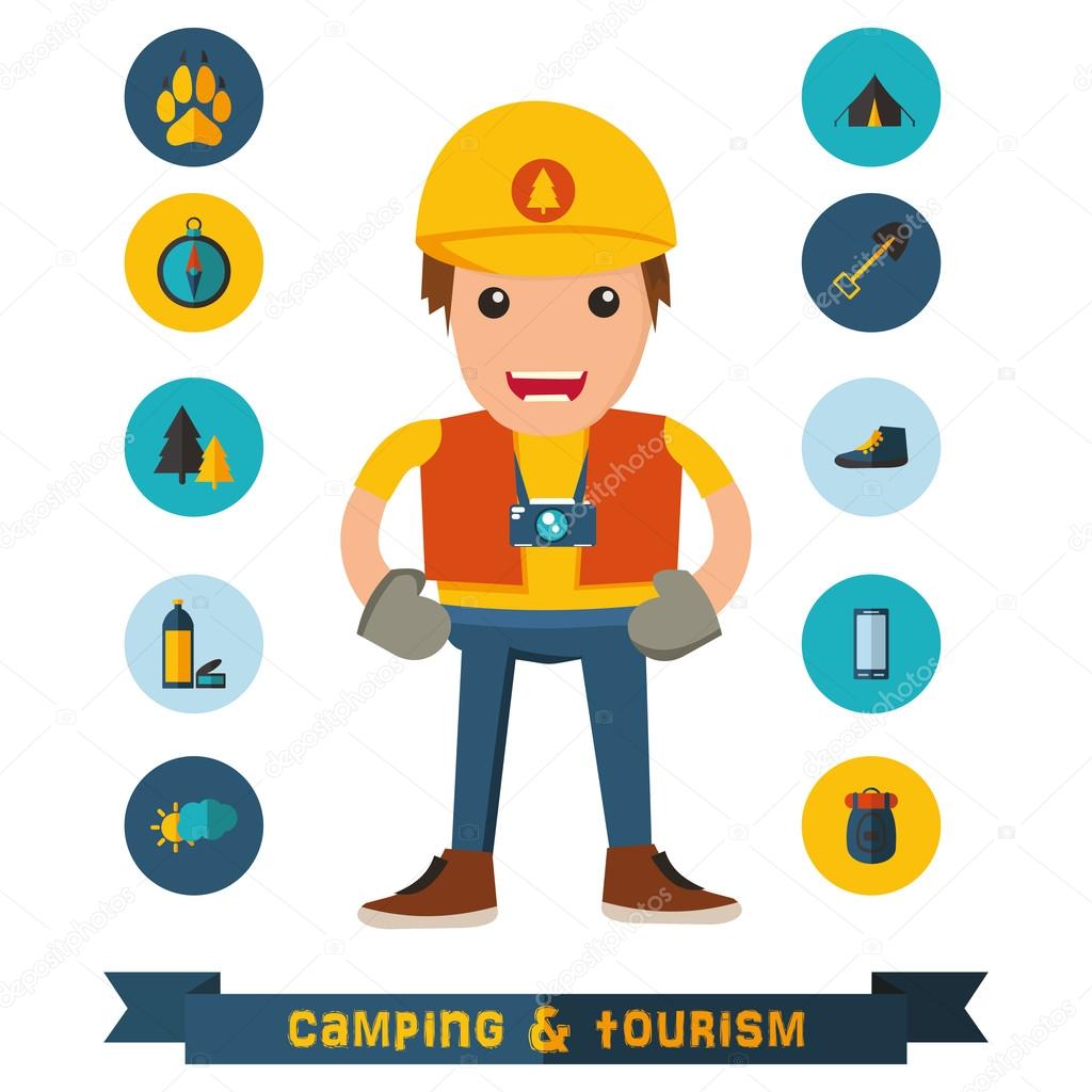 camping flat icons with the character