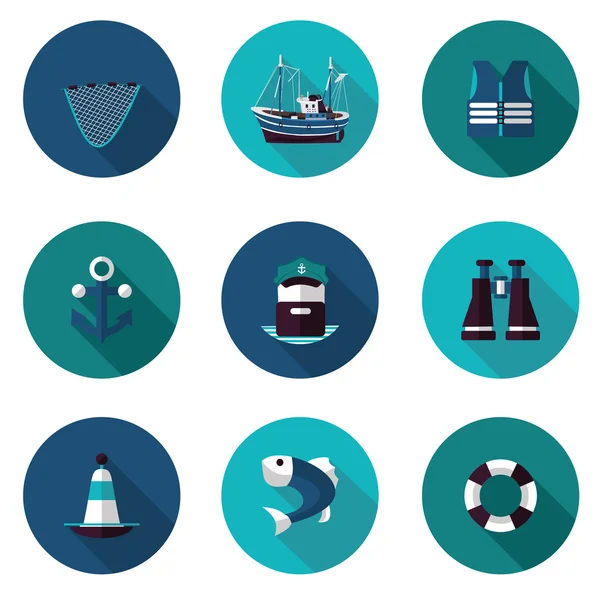 Icone piatte set di pesca industriale — Vettoriale Stock