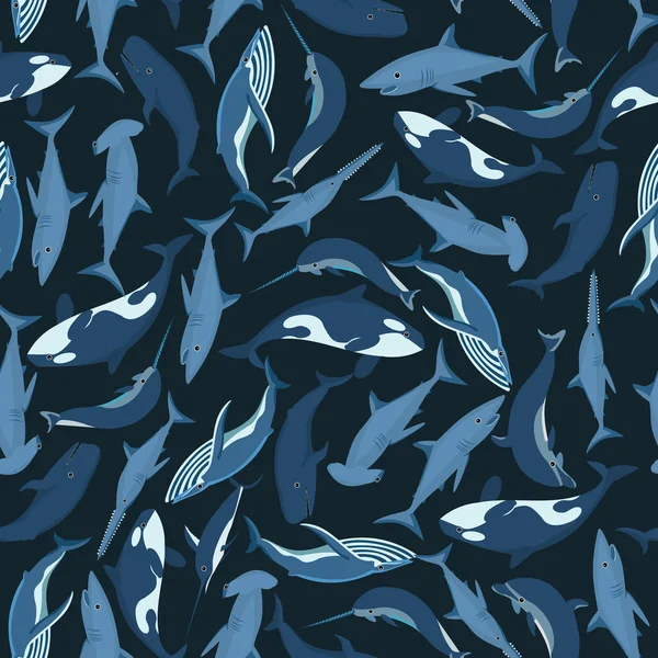 Baleines noires et poisson motif sans couture — Image vectorielle