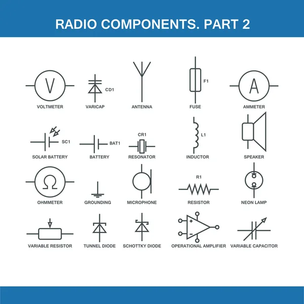 Penunjukan komponen dalam diagram kabel - Stok Vektor