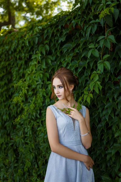 Piękna Dziewczyna Przetargu Sukienka Balowa Zielonym Tle Bluszcz Krzak Portret — Zdjęcie stockowe