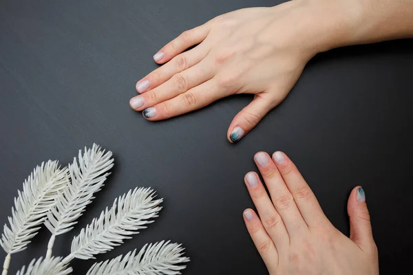 Kobiece Dłonie Jodłowym Manicure Lasu Niektóre Sztuczne Gałęzie Czarnym Tle — Zdjęcie stockowe
