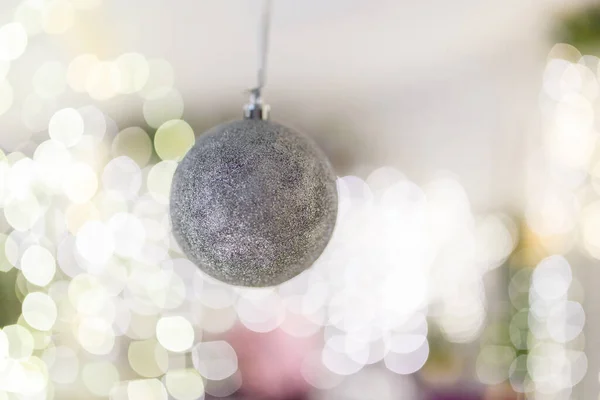 Silver Bauble Hanging Unfocused Background Shiny Sparkling Garland Lights Bokeh — Stock Photo, Image