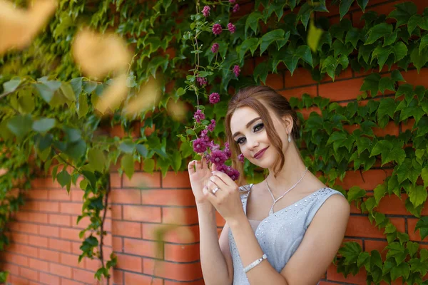 Menina Bonita Vestido Baile Macio Parede Tijolo Arbusto Hera Verde — Fotografia de Stock