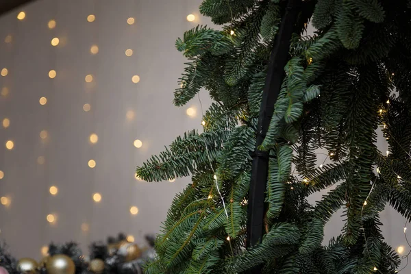 초점의 전나무 가지들이 즐거운 크리스마스와 뉴이어 배경을 이루고 황금빛 조명이 — 스톡 사진