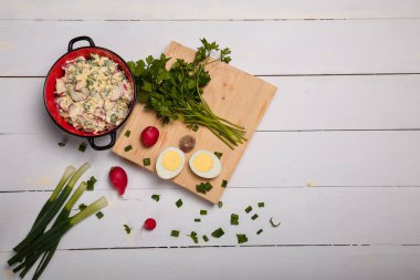 Turp, yeşil soğan, maydanoz, kırmızı kasede yumurta salatası. Mutfakta biraz taze sebze ve yeşillik beyaz ahşap arka planda tahta doğrama. Üst görünüm, alanı kopyala.