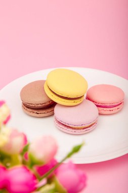 Beyaz tabakta renkli kurabiyeler, pembe arka plan, çiçekler. Anneler günü, kadınlar günü, sevgililer günü, doğum günü, bahar, Paskalya. Uzayı kopyala, dikey