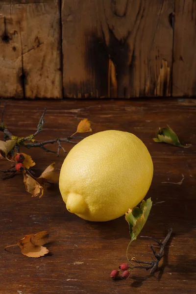 Fresh sweet sour lemon on wooden brown background with some dry autumn leaves, vertical shot.