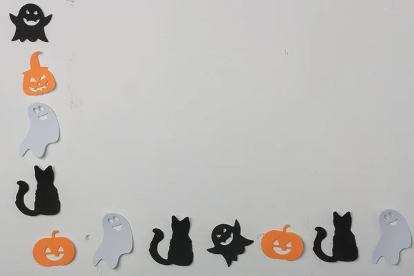 Happy Halloween Sticker Auf Weißem Hintergrund Schwarze Katze Gruseliger Kürbis — Stockfoto