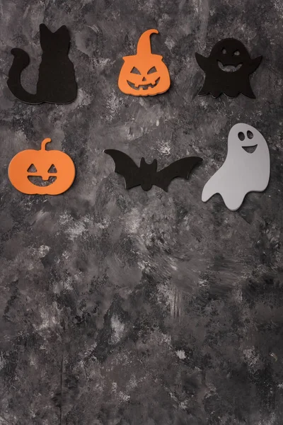 Happy Halloween Sticker Auf Grauem Hintergrund Schwarze Katze Gruseliger Kürbis — Stockfoto