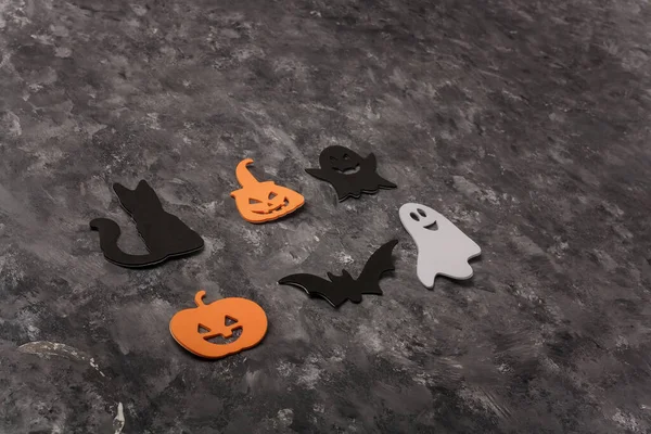 Felices Pegatinas Halloween Sobre Fondo Gris Gato Negro Calabaza Aterradora — Foto de Stock