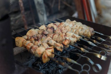 Şenlik ateşinde kızaran şişler üzerinde marine edilmiş domuz eti parçaları. Kebap ya da çok dumanlı geleneksel shashlik yemeği..