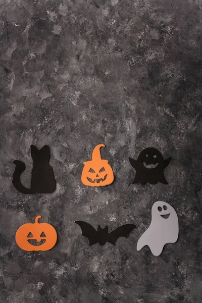 Happy Halloween Sticker Auf Grauem Hintergrund Schwarze Katze Gruseliger Kürbis — Stockfoto