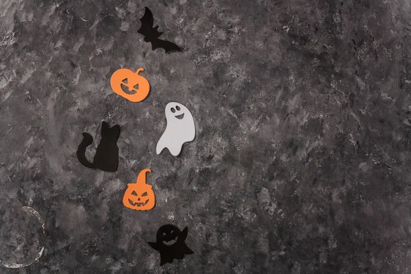 Happy Halloween Sticker Auf Grauem Hintergrund Schwarze Katze Gruseliger Kürbis — Stockfoto