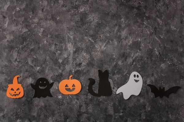 Happy Halloween Sticker Auf Grauem Hintergrund Schwarze Katze Gruseliger Kürbis — Stockfoto