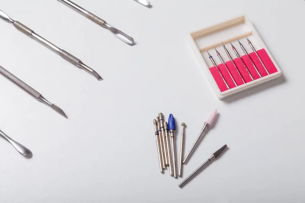 Set Von Desinfizierten Maniküre Oder Pediküre Werkzeugen Nagelhautdrücker Cutter Set — Stockfoto