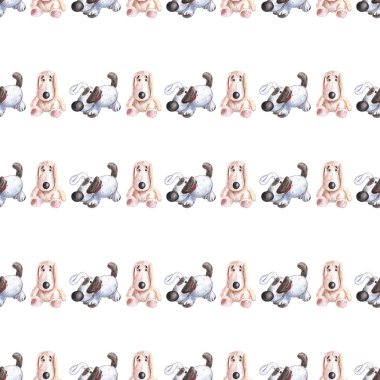 Doldurulmuş oyuncakların kusursuz deseni, beyaz arka planda renkli kalemlerle çizilmiş peluş köpek yavruları. Köpekler doldurur