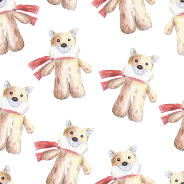 Doldurulmuş oyuncağın kusursuz deseni, beyaz arka planda renkli kalemlerle çizilmiş peluş tilki eli. Kırmızı eşarplı Fox Stuffie