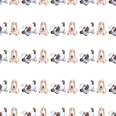 Doldurulmuş oyuncakların kusursuz deseni, beyaz arka planda renkli kalemlerle çizilmiş peluş köpek yavruları. Köpekler doldurur