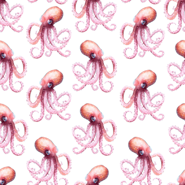 Beyaz arka planda kusursuz pembe ahtapot deseni, elle çizilmiş suluboya çizimi