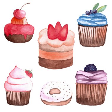 suluboya çilekli pasta, biraz kek, kek ve el yapımı çörek beyaz arka planda resimli elementler.