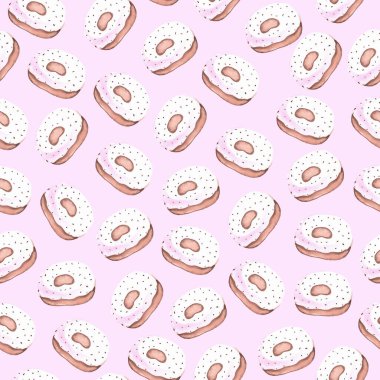 Suluboya donutların kusursuz deseni, pembe arka planda elle boyanmış illüstrasyon unsurları
