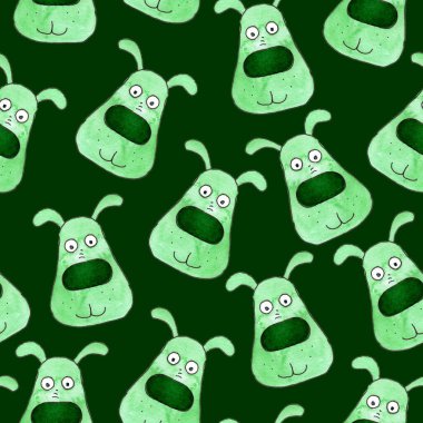 Sulu boya yeşil köpek portresinin kusursuz deseni. Koyu arkaplanda elle boyanmış resimler.