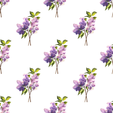 Beyaz arka planda yaprakları olan iki leylak çiçeğinin kusursuz deseni, elle çizilmiş suluboya çizimi