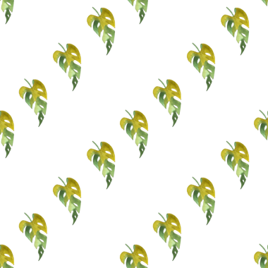 Monstera ve philodendron suluboya yapraklarının kusursuz deseni beyaz arkaplana çizilmiş.