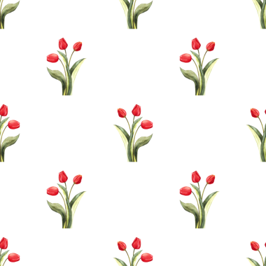 Yeşil yapraklı üç kırmızı lale tomurcuğunun kusursuz deseni, beyaz arka planda kadınlar ve anneler için suluboya çizimi