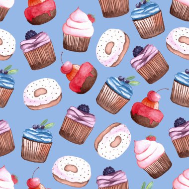 Suluboya çilekli kekin kusursuz deseni, biraz kek, kek ve donut el boyama elementleri mavi arka planda.