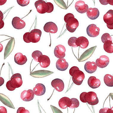 Suluboya kiraz elementlerinin kusursuz deseni, beyaz arka planda elle boyanmış çizimler