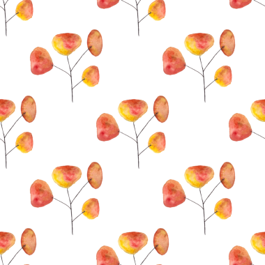 Beyaz arkaplanda turuncu okaliptüs suluboya yaprakları, el çizimi