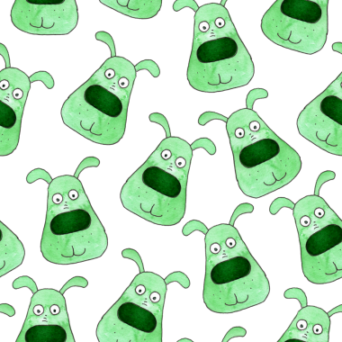 Sulu yeşil köpek portresinin kusursuz deseni, beyaz arka planda elle boyanmış çizimler.