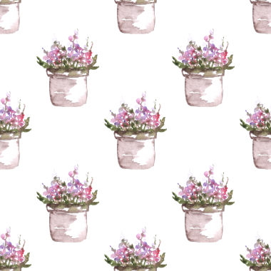 Beyaz arka plandaki saksılarda elle çizilen suluboya çiçeklerin kusursuz deseni