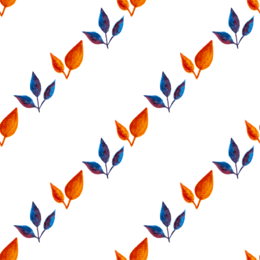 Turuncu, mavi turkuaz yapraklar, elle çizilmiş suluboya elementler, beyaz arka planda izole edilmiş.