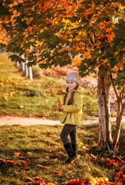 Sonbahar ağaçlarının arka planında palto giymiş küçük bir kız. Sonbahar portresi
