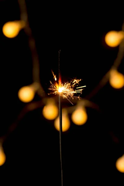 Sparkler Burning Black Background New Year — Stock Photo, Image