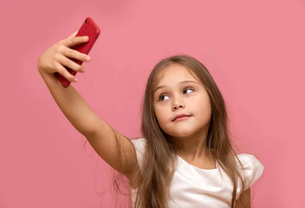Little Girl Long Hair Takes Selfie Phone Stock Image