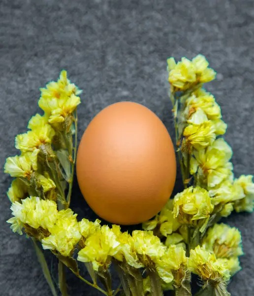 Œuf Pâques Fleurs Jaunes Sur Fond Gris Tendance Des Couleurs — Photo