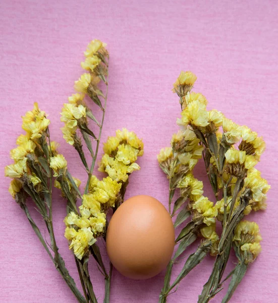 Easter Egg Yellow Flowers Pink Background Easter Composition — Stock Photo, Image