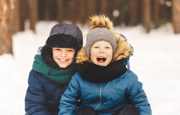 Два Мальчика Зимой Природе Обнимаются Два Брата Веселятся Открытом Воздухе — стоковое фото