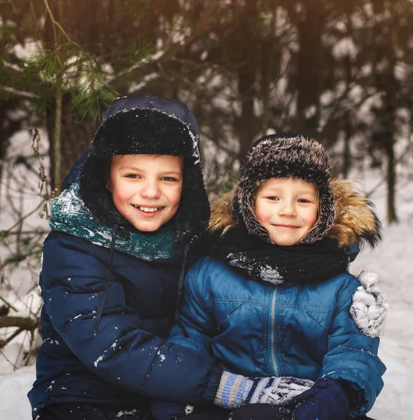 Два Мальчика Зимой Природе Портрет Зимних Шляпах — стоковое фото