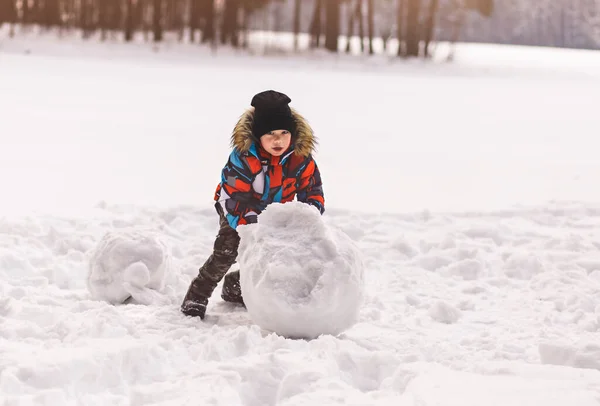 Маленький Мальчик Делает Снежок Зимой Парке — стоковое фото