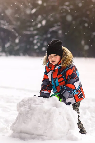 Маленький Мальчик Делает Снеговика Зимнем Парке Счастливое Детство — стоковое фото